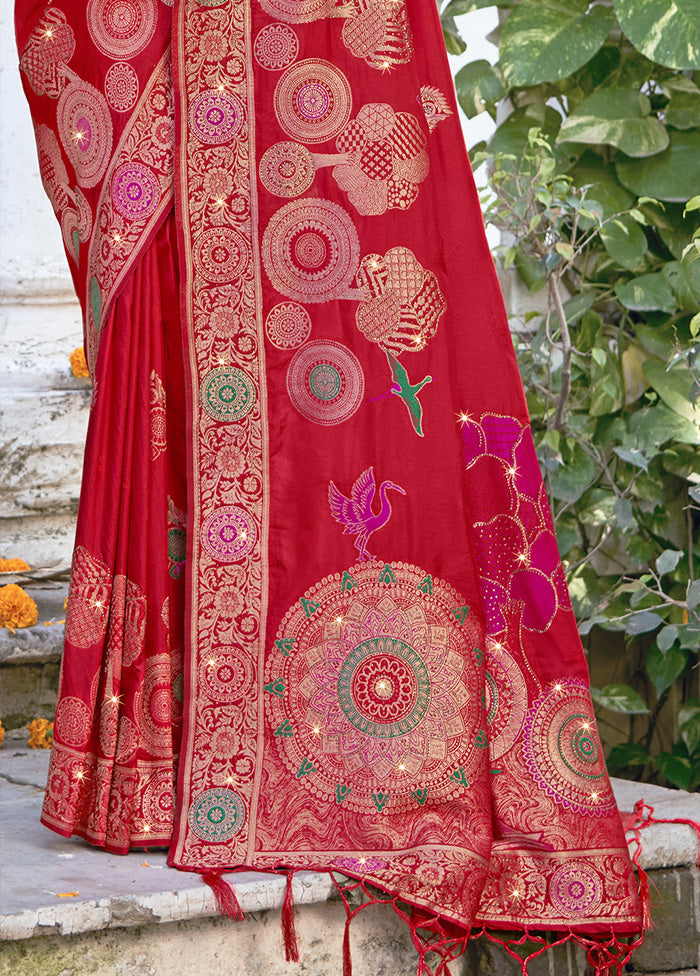 Red Spun Silk Saree With Blouse Piece Wide Range Of Sale Online