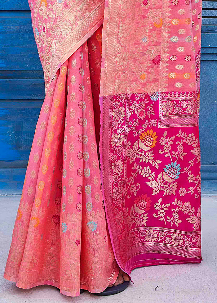 Pink Banarasi Silk Saree With Blouse Piece Free Shipping 2025 New