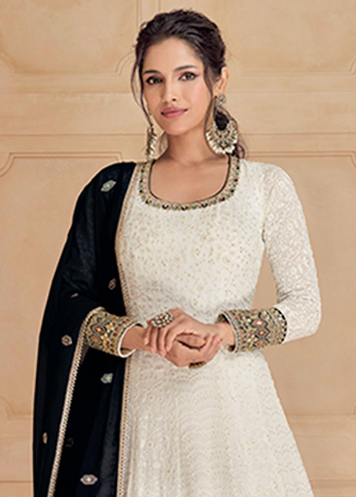 3 Pc White Semi Stitched Georgette Suit Set Clearance Deals