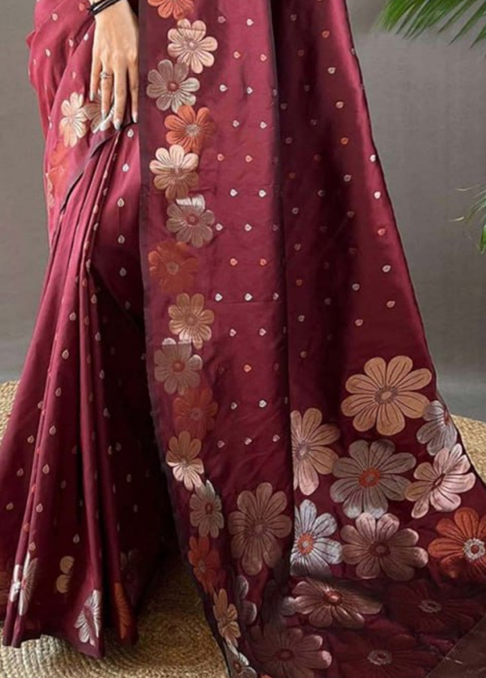 Maroon Banarasi Silk Saree With Blouse Piece Discount Countdown Package