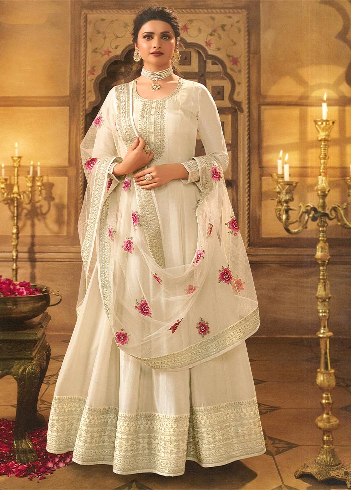 3 Pc Cream Semi Stitched Silk Suit Set Discount The Cheapest