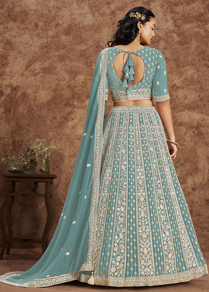 3 Pc Sky Blue Georgette Semi Stitched Lehenga Set Sale Free Shipping