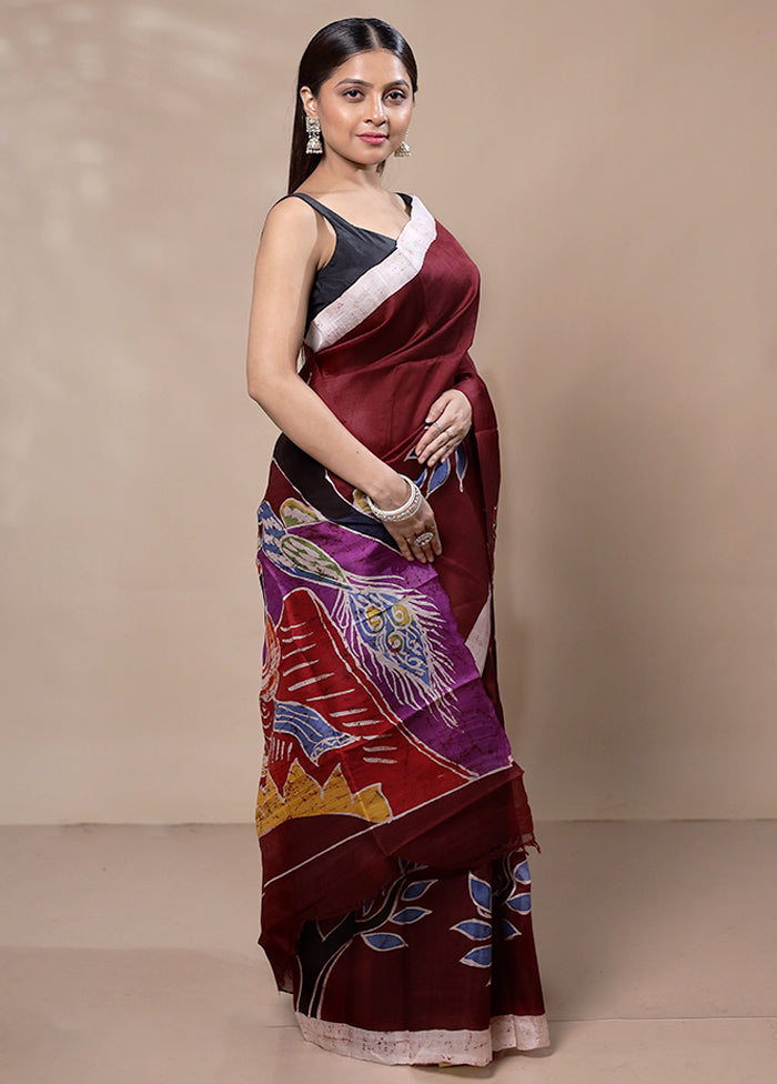 Maroon Printed Pure Silk Saree Without Blouse Piece Cheap Shop