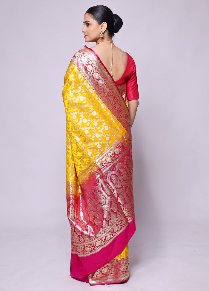 Yellow Handloom Banarasi Pure Silk Saree With Blouse Piece Clearance Order