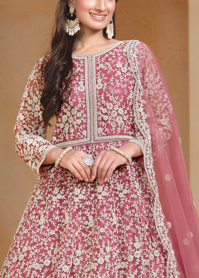 3 Pc Pink Semi Stitched Net Suit Set Low Pice