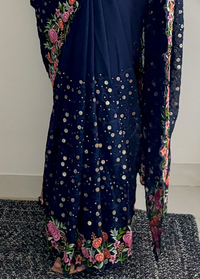 Navy Blue Georgette Saree With Blouse Piece Cheap Wide Range Of