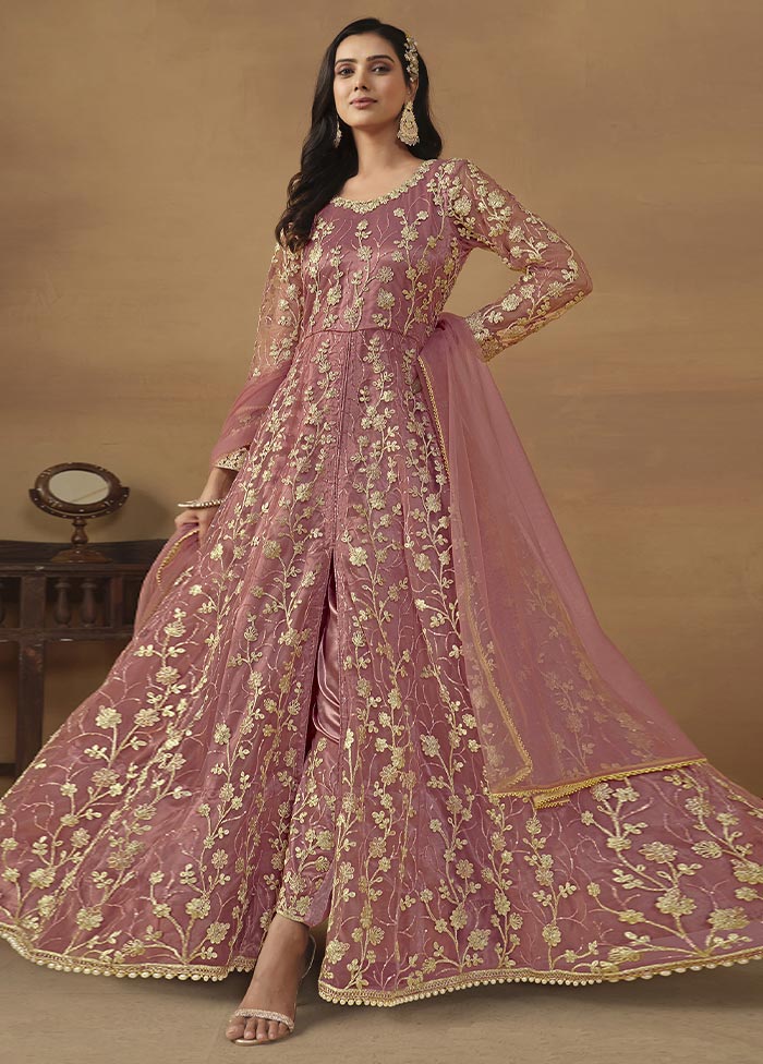 3 Pc Pink Semi Stitched Net Suit Set Clearance Extremely