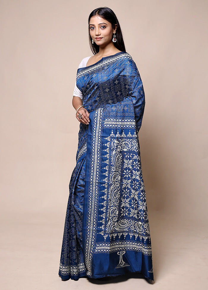 Blue Handloom Kantha Stitch Pure Silk Saree With Blouse Piece Websites For Sale