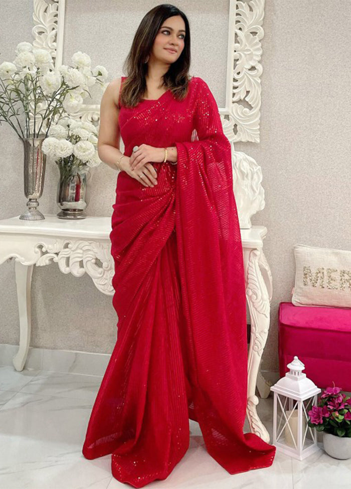 Red Georgette Saree With Blouse Piece Official For Sale