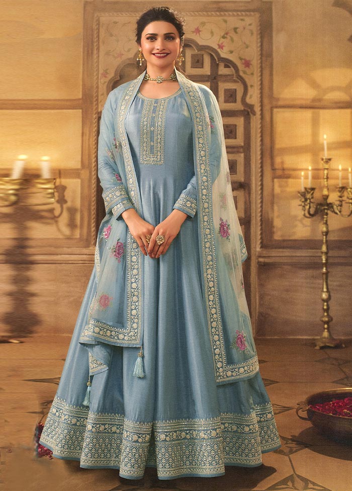 3 Pc Sky Blue Semi Stitched Silk Suit Set Cheap Sale 2025