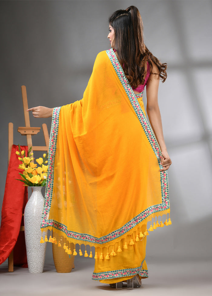 Yellow Cotton Solid Saree Without Blouse Piece Sale 100% Authentic