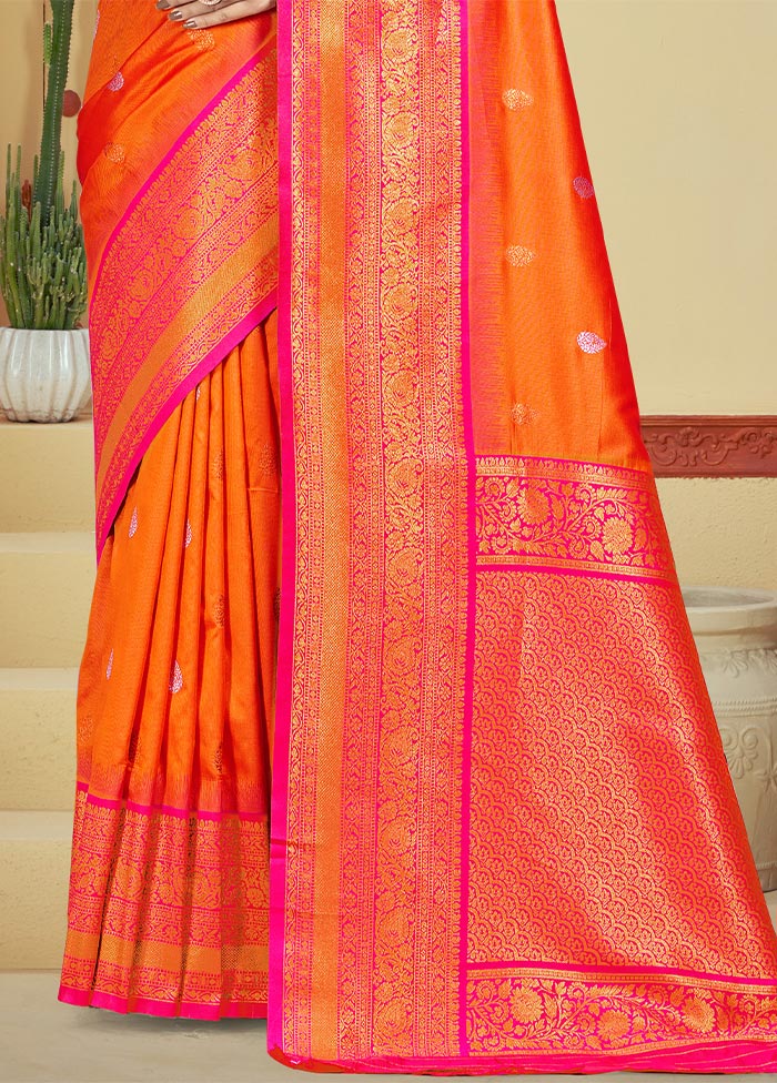 Orange Dupion Silk Saree With Blouse Piece Sale Manchester Great Sale