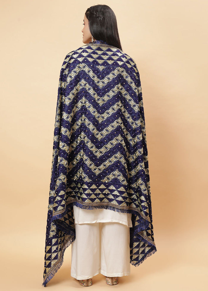 Navy Blue Chinon Phulkari Work Dupatta Free Shipping Recommend