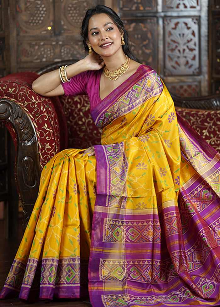 Yellow Handloom Patola Pure Silk Saree With Blouse Piece Sale Extremely