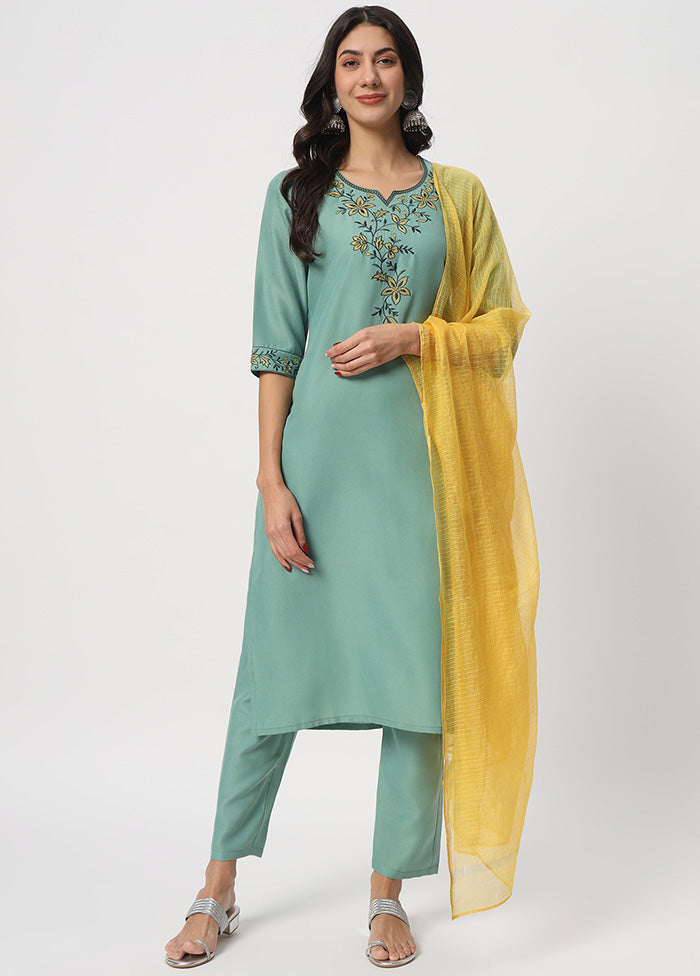 3 Pc Sea Green Readymade Cotton Dupatta Suit Set Discount Great Deals