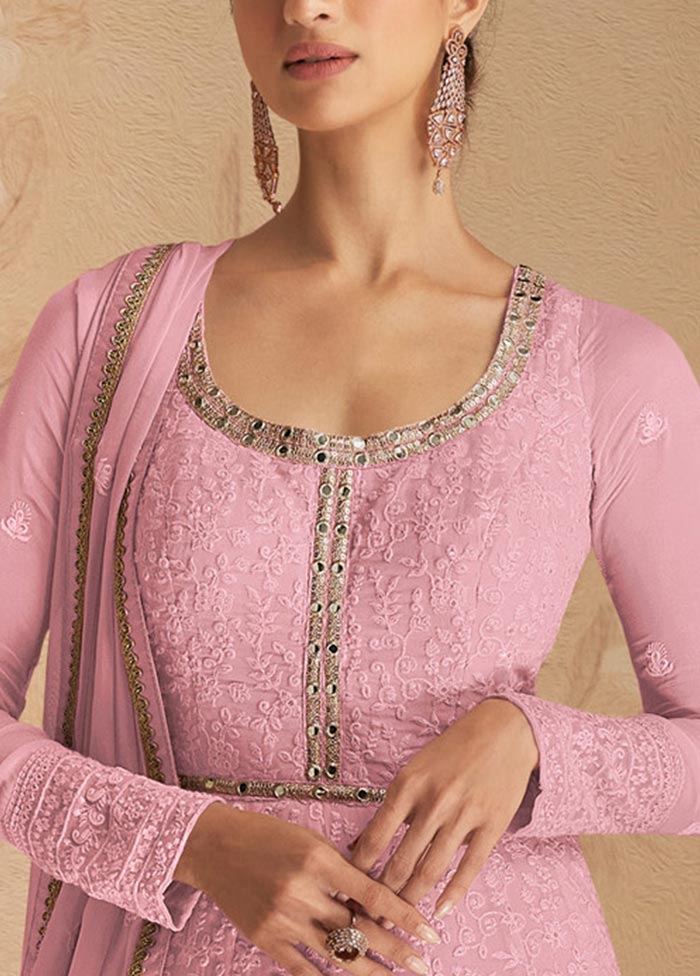 3 Pc Light Pink Semi Stitched Georgette Suit Set Outlet Top Quality