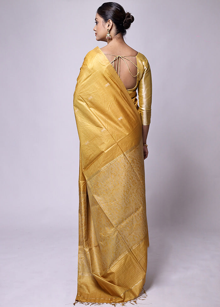 Yellow Handloom Tussar Pure Silk Saree With Blouse Piece View