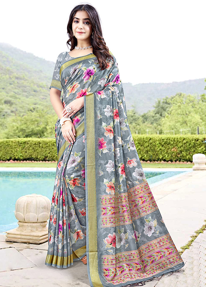 Grey Spun Silk Saree With Blouse Piece Very Cheap