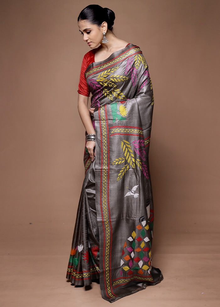 Grey Handloom Kantha Stitch Pure Silk Saree With Blouse Piece Sale For Cheap