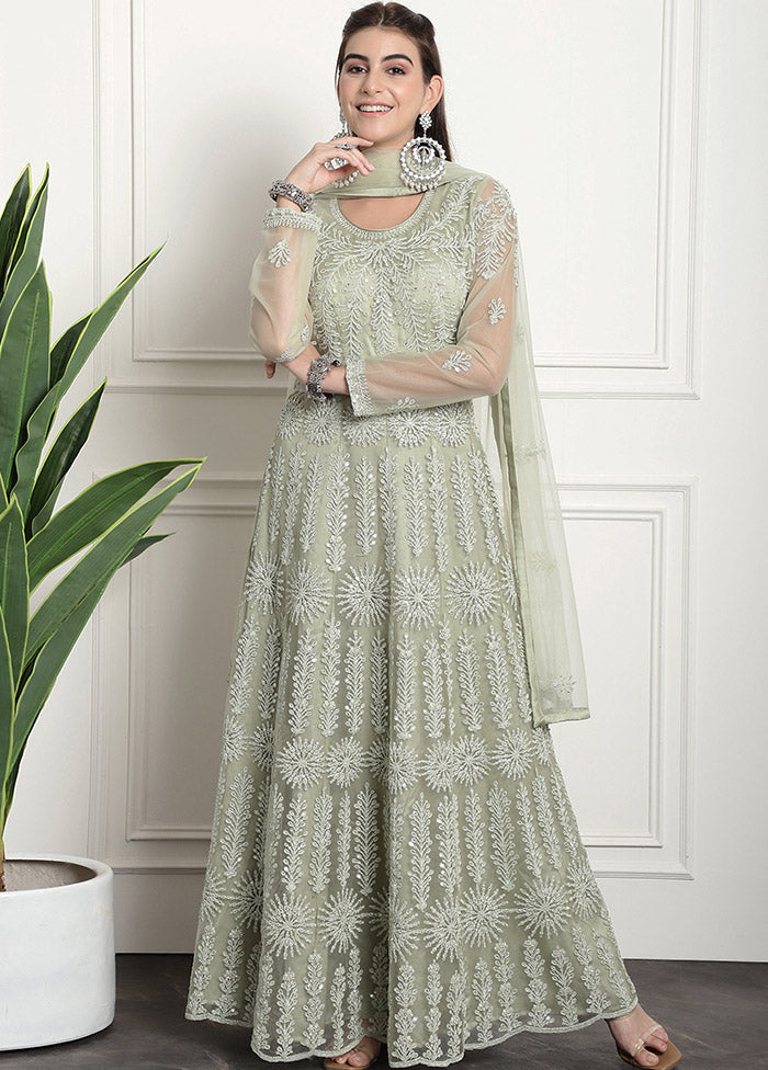 Green Semi Stitched Net Indian Dress Free Shipping Online