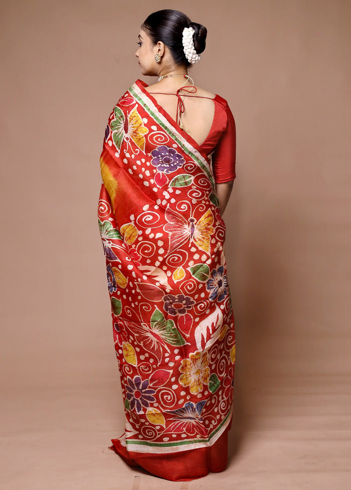 Red Printed Pure Silk Saree Without Blouse Piece For Sale Wholesale Pice