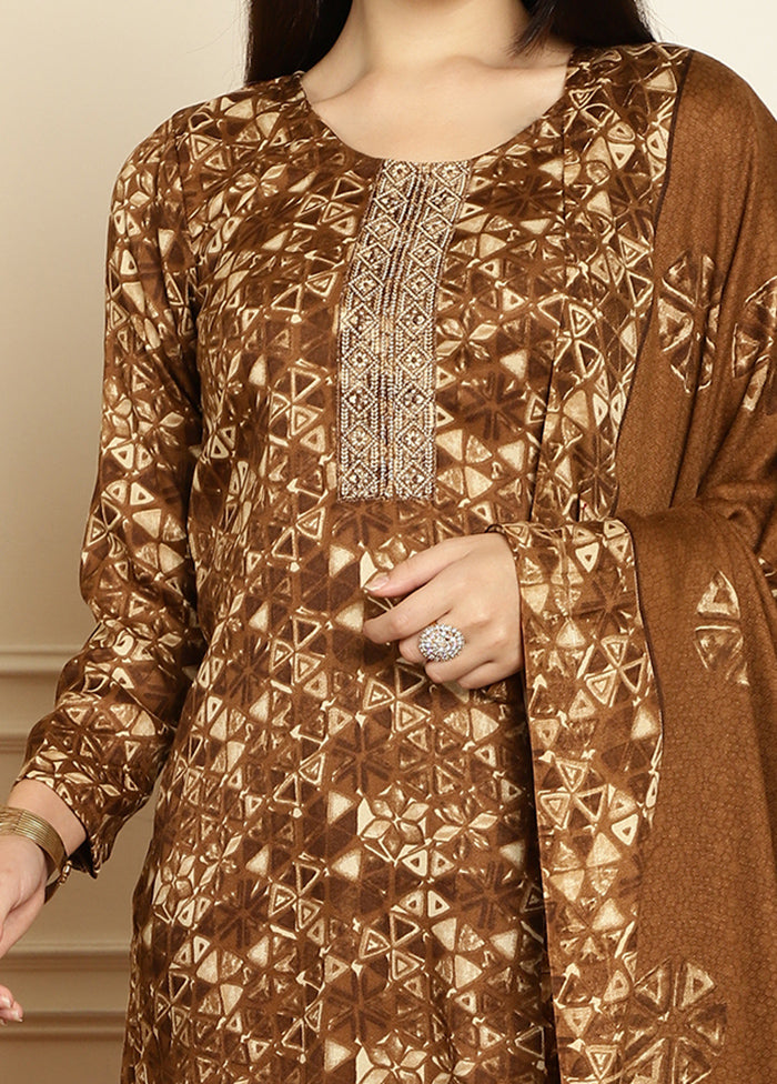 3 Pc Brown Unstitched Pashmina Suit Set Latest Cheap Online