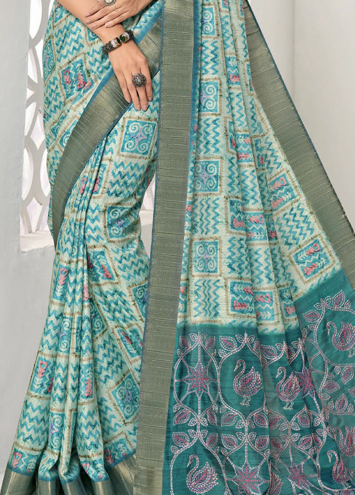 Turquoise Spun Silk Saree With Blouse Piece Clearance Extremely