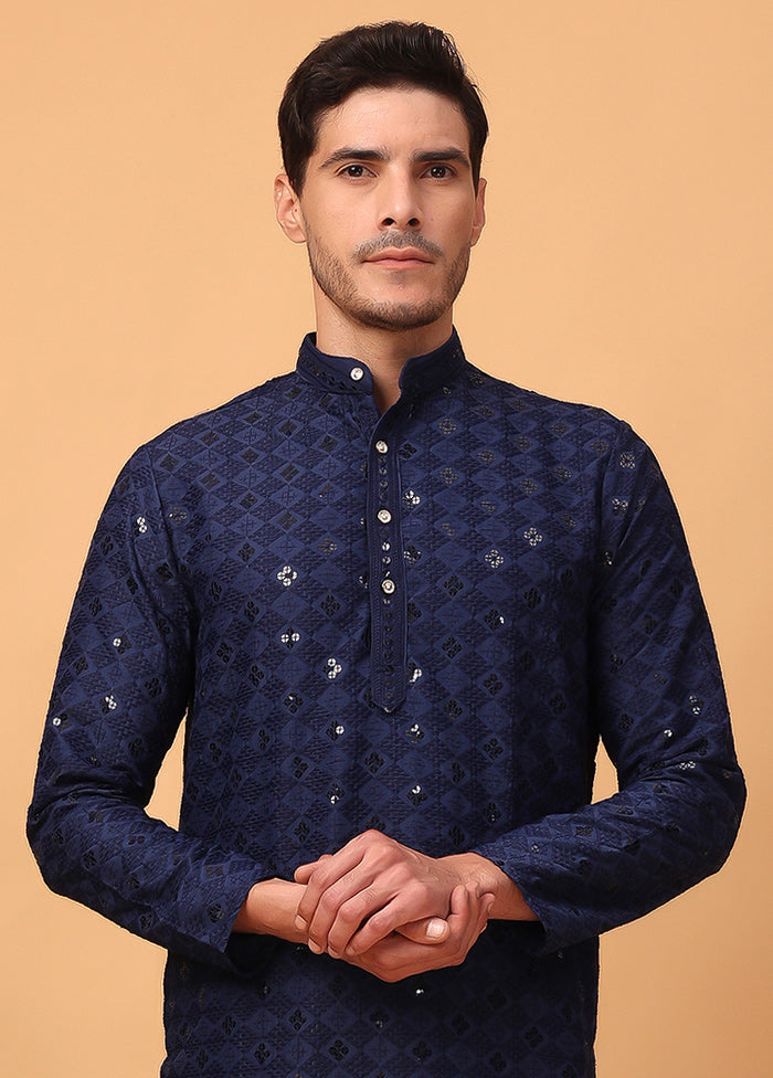 Navy Blue Viscose Embroidered Kurta Cheap Genuine