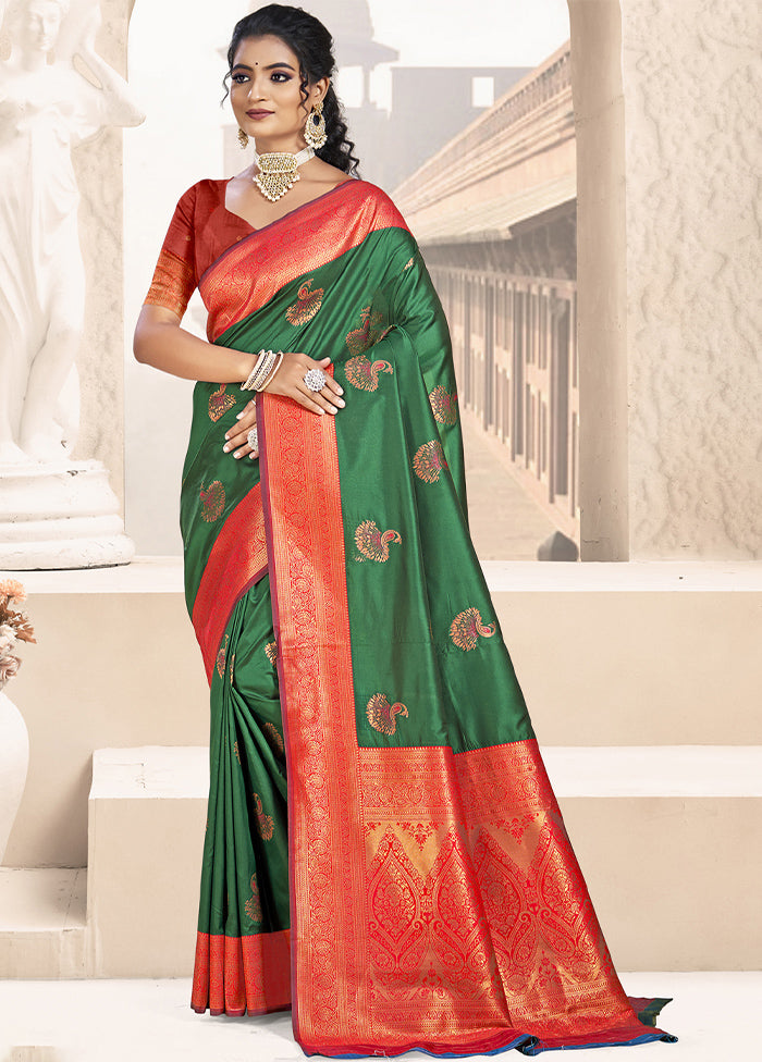 Dark Green Dupion Silk Saree With Blouse Piece Discount Shop