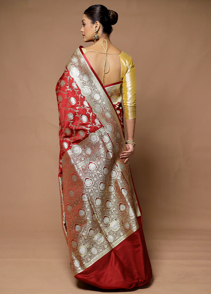 Red Banarasi Silk Saree With Blouse Piece Clearance High Quality