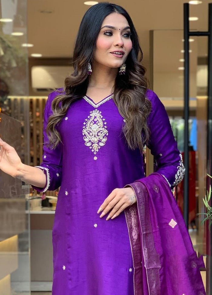 3 Pc Violet Pure Readymade Chanderi Suit Set Good Selling Sale Online