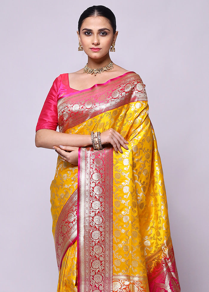 Yellow Handloom Banarasi Pure Silk Saree With Blouse Piece Clearance Order