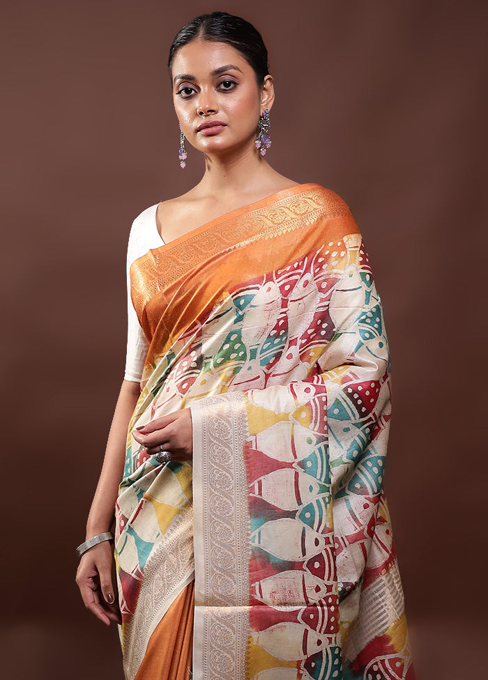 Multicolor Printed Pure Silk Saree Without Blouse Piece Cheap Discounts