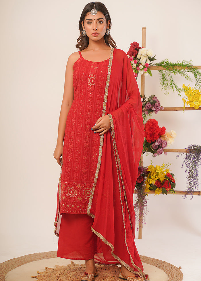 3 Pc Red Pure Georgette Hand Crafted Suit Set Marketable For Sale