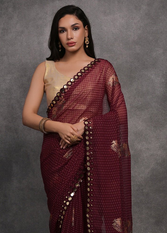 Maroon Chiffon Silk Saree With Blouse Piece Discount Amazon