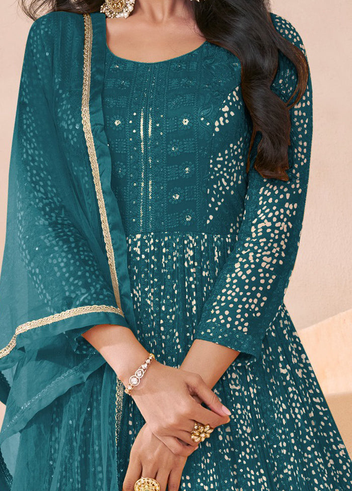 3 Pc Teal Semi Stitched Georgette Suit Set Outlet Countdown Package