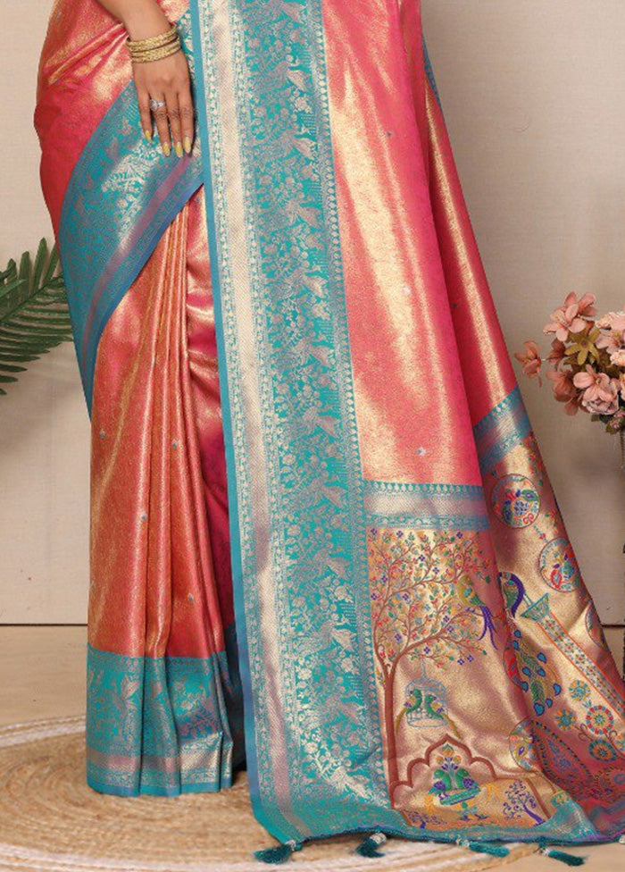 Dark Peach Banarasi Silk Saree With Blouse Piece Discount Hot Sale