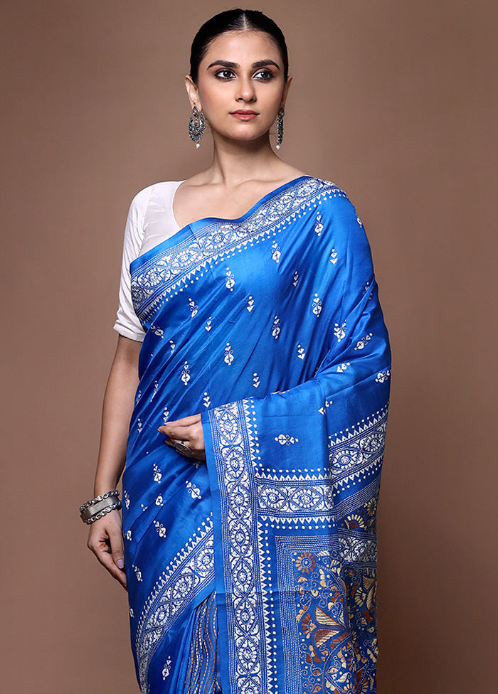 Blue Handloom Kantha Stitch Pure Silk Saree With Blouse Piece Discount How Much