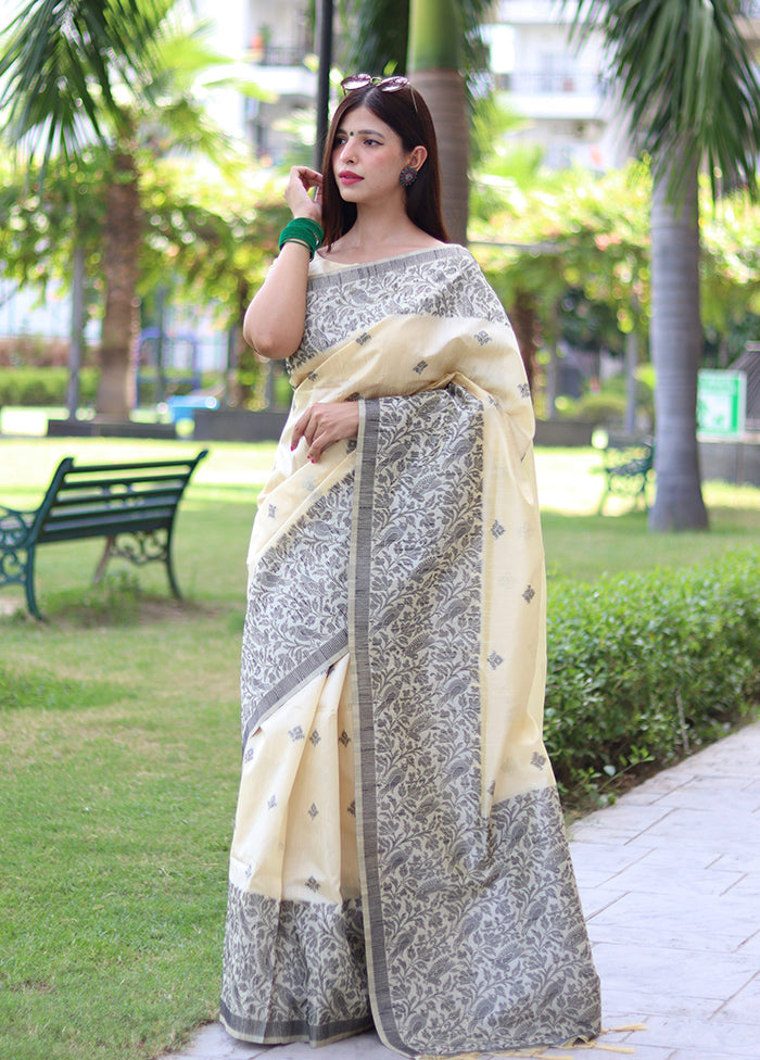 Cream Spun Silk Saree With Blouse Piece Cheap Pice Outlet Sale