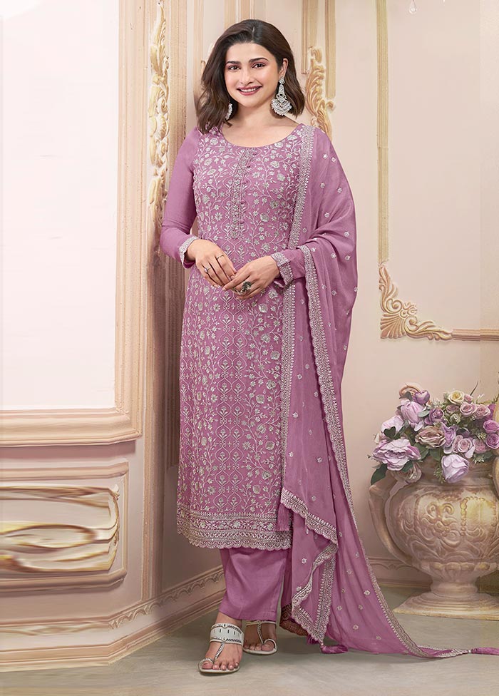 3 Pc Mauve Semi Stitched Silk Suit Set Latest Cheap Online