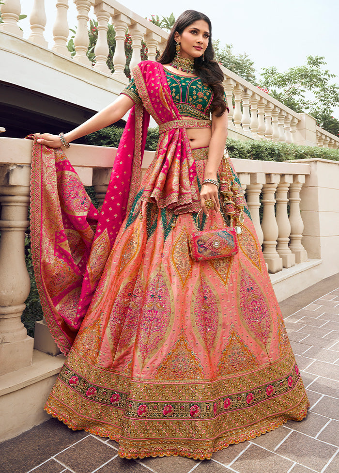 3 Pc Peach Silk Semi Stitched Lehenga Set Sale Cheapest Pice