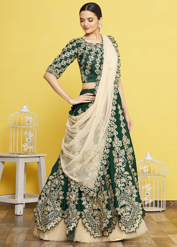 3 Pc Green Silk Semi Stitched Lehenga Set Cheap Sale Low Pice