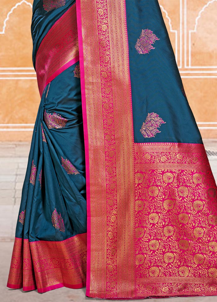 Blue Dupion Silk Saree With Blouse Piece Sale Cheapest Pice