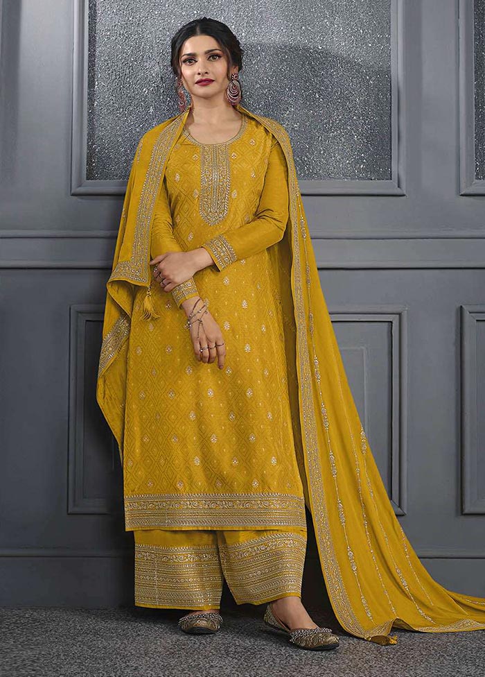 3 Pc Yellow Semi Stitched Silk Suit Set Amazon Cheap Online