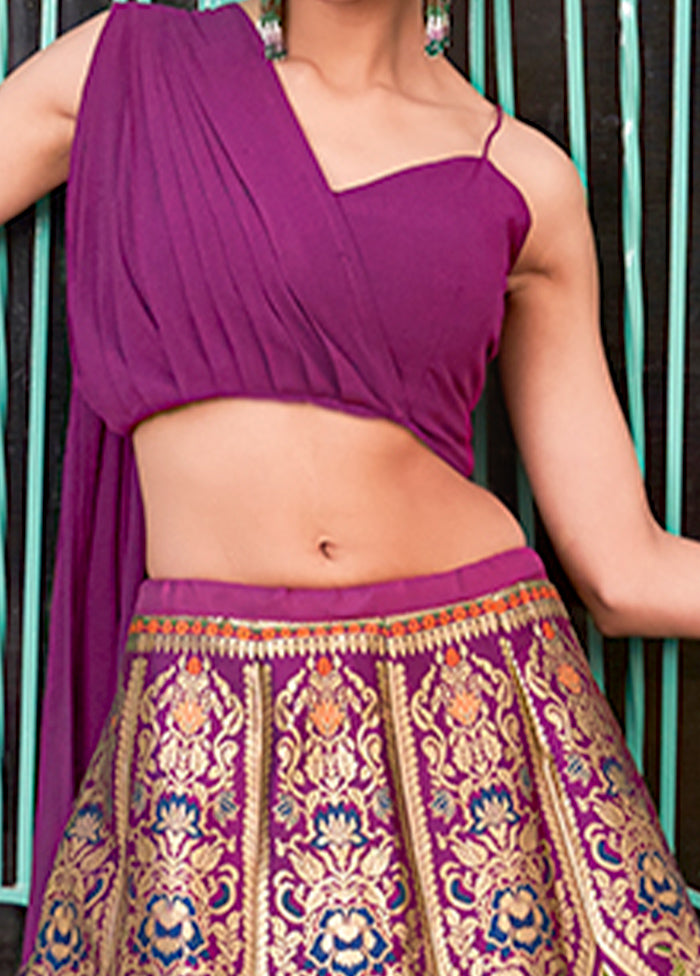 3 Pc Purple Silk Semi Stitched Lehenga Set Pices Online