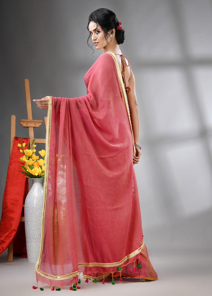 Salmon Pink Cotton Solid Saree Without Blouse Piece Sale For Nice