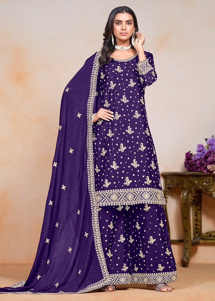 3 Pc Purple Semi Stitched Silk Suit Set Sale Latest