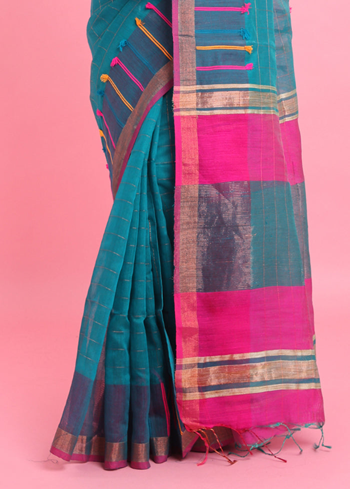 Teal Cotton Saree With Blouse Piece Cheap Sale Big Sale