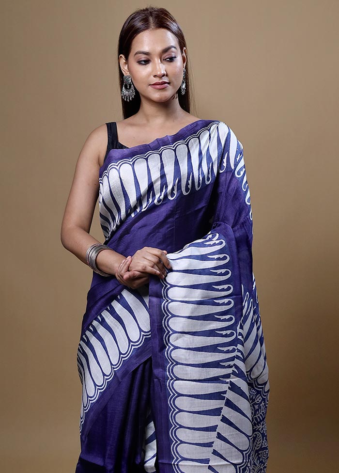 Blue Printed Pure Silk Saree Without Blouse Piece Get To Buy For Sale