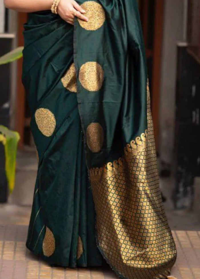 Dark Green Banarasi Silk Saree With Blouse Piece Best Wholesale Cheap Pice